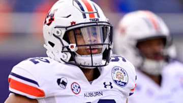 ORLANDO, FL - JANUARY 01: Marquis Burks #92 of the Auburn Tigers warms up prior to the game against the Northwestern Wildcats during the Vrbo Citrus Bowl at Camping World Stadium on January 1, 2021 in Orlando, Florida. (Photo by Douglas P. DeFelice/Getty Images)