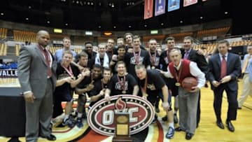 Mar 7, 2015; Nashville, TN, USA; OVC tournament champions Belmont Bruins following the game against the Murray State Racers at Nashville Municipal Auditorium. Belmont won 88-87. Mandatory Credit: Jim Brown-USA TODAY Sports