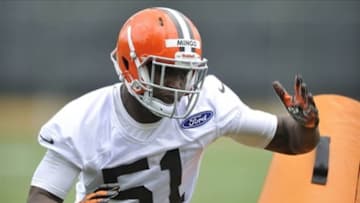May 10, 2013; Berea, OH, USA; Cleveland Browns linebacker Barkevious Mingo (51) practices during rookie minicamp at the Cleveland Browns Training Facility. Mandatory Credit: David Richard-USA TODAY Sports