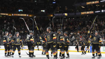 LAS VEGAS, NEVADA - SEPTEMBER 15: The Vegas Golden Knights celebrate after defeating the Arizona Coyotes in a preseason game at T-Mobile Arena on September 15, 2019 in Las Vegas, Nevada. (Photo by David Becker/NHLI via Getty Images)
