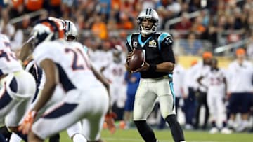 Feb 7, 2016; Santa Clara, CA, USA; Carolina Panthers quarterback Cam Newton (1) drops back to pass during the fourth quarter against the Denver Broncos in Super Bowl 50 at Levi