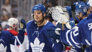 TORONTO, ON - OCTOBER 3: Auston Matthews #34 of the Toronto Maple Leafs celebrates a goal against the Montreal Canadiens during an NHL game at Scotiabank Place on October 3, 2018 in Toronto, Ontario, Canada. (Photo by Claus Andersen/Getty Images)