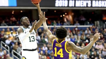 WASHINGTON, DC - MARCH 29: Gabe Brown #13 of the Michigan State Spartans shoots the ball against Marlon Taylor #14 of the LSU Tigers during the second half in the East Regional game of the 2019 NCAA Men's Basketball Tournament at Capital One Arena on March 29, 2019 in Washington, DC. (Photo by Rob Carr/Getty Images)
