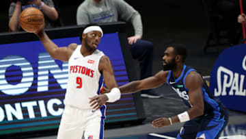 Detroit Pistons forward Jerami Grant (9) looks to score as Dallas Mavericks forward Tim Hardaway Jr. Credit: Kevin Jairaj-USA TODAY Sports