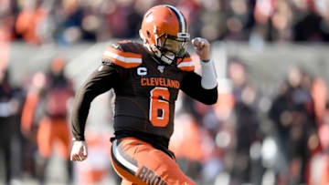 CLEVELAND, OHIO - NOVEMBER 24: Quarterback Baker Mayfield #6 of the Cleveland Browns celebrates after throwing a touchdown pass to wide receiver Odell Beckham #13 of the Cleveland Browns during the first half against the Miami Dolphins at FirstEnergy Stadium on November 24, 2019 in Cleveland, Ohio. (Photo by Jason Miller/Getty Images)