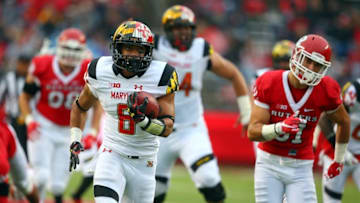 Nov 28, 2015; Piscataway, NJ, USA; Maryland Terrapins running back Ty Johnson (6) runs for a touchdown during the second half at High Points Solutions Stadium. Maryland defeated Rutgers 46-41. Mandatory Credit: Ed Mulholland-USA TODAY Sports