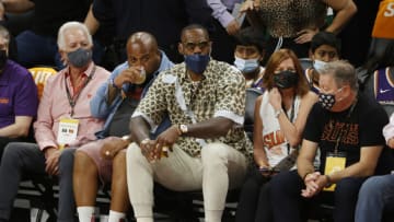 PHOENIX, ARIZONA - JULY 17: Lebron James looks on during the first half in Game Five of the NBA Finals between the Milwaukee Bucks and the Phoenix Sunsat Footprint Center on July 17, 2021 in Phoenix, Arizona. NOTE TO USER: User expressly acknowledges and agrees that, by downloading and or using this photograph, User is consenting to the terms and conditions of the Getty Images License Agreement. (Photo by Christian Petersen/Getty Images)