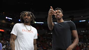 MIAMI, FL - JULY 20: Hassan Whiteside of the Miami Heat points as Amar'e Stoudemire #1 of Tri State looks on as they watch one of the games during Big 3-Week Five at American Airlines Arena on July 20, 2018 in Miami, Florida. (Photo by Mike Ehrmann/Big 3/Getty Images)