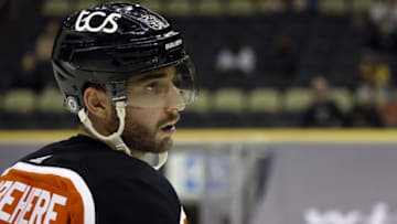 Apr 15, 2021; Pittsburgh, Pennsylvania, USA; Philadelphia Flyers defenseman Shayne Gostisbehere (53) looks on against the Pittsburgh Penguins during the second period at PPG Paints Arena. Philadelphia won 2-1 in a shootout. Mandatory Credit: Charles LeClaire-USA TODAY Sports