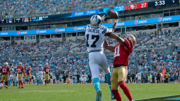 CHARLOTTE, NC - SEPTEMBER 18: Devin Funchess #17 of the Carolina Panthers catches a touchdown pass against Antoine Bethea #41 of the San Francisco 49ers in the 4th quarter during the game at Bank of America Stadium on September 18, 2016 in Charlotte, North Carolina. (Photo by Grant Halverson/Getty Images)