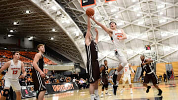 PRINCETON, NJ - NOVEMBER 29: Pat Andree #31 (L) of the Lehigh Mountain Hawks defends against Sebastian Much #33 of the Princeton Tigers during the first half at L. Stockwell Jadwin Gymnasium on November 29, 2017 in Princeton, New Jersey. Lehigh defeated Princeton 85-76. (Photo by Corey Perrine/Getty Images)