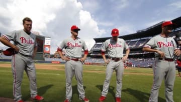 Sep 1, 2014; Atlanta, GA, USA; Philadelphia Phillies relief pitcher Jonathan Papelbon (58), relief pitcher Ken Giles (53), relief pitcher Jake Diekman (63), and starting pitcher Cole Hamels (35) are interviewed after a combined no hitter against the Atlanta Braves at Turner Field. Mandatory Credit: Brett Davis-USA TODAY Sports
