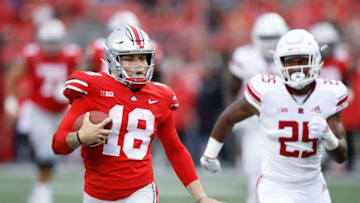 COLUMBUS, OH - SEPTEMBER 08: Tate Martell #18 of the Ohio State Buckeyes breaks free on a 47-yard touchdown run in the fourth quarter of the game against the Rutgers Scarlet Knights at Ohio Stadium on September 8, 2018 in Columbus, Ohio. Ohio State won 52-3. (Photo by Joe Robbins/Getty Images)
