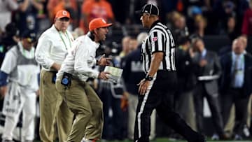 Jan 11, 2016; Glendale, AZ, USA; Clemson Tigers head coach Dabo Swinney yells at a referee during the second quarter against the Alabama Crimson Tide in the 2016 CFP National Championship at University of Phoenix Stadium. Mandatory Credit: Joe Camporeale-USA TODAY Sports