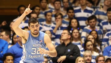 DURHAM, NORTH CAROLINA - FEBRUARY 20: Luke Maye #32 of the North Carolina Tar Heels reacts after a play against the Duke Blue Devils during their game at Cameron Indoor Stadium on February 20, 2019 in Durham, North Carolina. (Photo by Streeter Lecka/Getty Images)