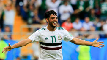 ROSTOV-ON-DON, RUSSIA JUNE 23, 2018: Mexico's Carlos Vela celebrates scoring in their 2018 FIFA World Cup Group F football match against South Korea at Rostov Arena Stadium. Valery Matytsin/TASS (Photo by Valery MatytsinTASS via Getty Images)