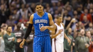 Mar 11, 2015; Milwaukee, WI, USA; Orlando Magic forward Tobias Harris (12) reacts after missing a shot late in the fourth quarter against the Milwaukee Bucks at BMO Harris Bradley Center. Milwaukee won 97-91. Mandatory Credit: Jeff Hanisch-USA TODAY Sports