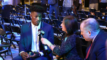 BLOOMINGTON, MN - JUNE 29: Tom Thibobeau introduces Jimmy Butler of the Minnesota Timberwolves to the public during a press conference at the Mall of America on June 29, 2017 in Bloomington, Minnesota. NOTE TO USER: User expressly acknowledges and agrees that, by downloading and or using this Photograph, user is consenting to the terms and conditions of the Getty Images License Agreement. Mandatory Copyright Notice: Copyright 2017 NBAE (Photo by Gary Dineen/NBAE via Getty Images)
