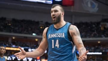 Feb 2, 2015; Dallas, TX, USA; Minnesota Timberwolves center Nikola Pekovic (14) argues a call during the second half against the Dallas Mavericks at the American Airlines Center. The Mavericks defeated the Timberwolves 100-94. Mandatory Credit: Jerome Miron-USA TODAY Sports