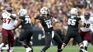 BOULDER, CO - OCTOBER 06: Quarterback Steven Montez #12 of the Colorado Buffaloes throws in the first quarter against the Arizona State Sun Devils at Folsom Field on October 6, 2018 in Boulder, Colorado. (Photo by Matthew Stockman/Getty Images)