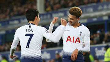 LIVERPOOL, ENGLAND - DECEMBER 23: Dele Alli of Tottenham Hotspur celebrates with Heung-Min Son after scoring his team's second goal during the Premier League match between Everton FC and Tottenham Hotspur at Goodison Park on December 23, 2018 in Liverpool, United Kingdom. (Photo by Jan Kruger/Getty Images)