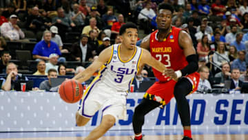 JACKSONVILLE, FL - MARCH 23: LSU Tigers guard Tremont Waters (3) dribbles the ball as Maryland Terrapins forward Bruno Fernando (23) defends during a game at VyStar Veterans Memorial Arena on March 23, 2019 in Jacksonville, Florida. (Photo by Matt Marriott/NCAA Photos via Getty Images)
