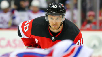 NEWARK, NJ - APRIL 03: New Jersey Devils right wing Michael Grabner (40) during the third period of the National Hockey League Game between the New Jersey Devils and the New York Rangers on April 3, 2018, at the Prudential Center in Newark, NJ. (Photo by Rich Graessle/Icon Sportswire via Getty Images)