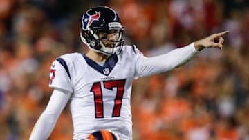 Oct 24, 2016; Denver, CO, USA; Houston Texans quarterback Brock Osweiler (17) in the third quarter against the Denver Broncos at Sports Authority Field at Mile High. Mandatory Credit: Isaiah J. Downing-USA TODAY Sports