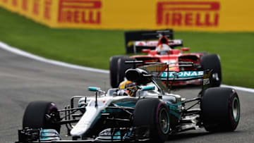 SPA, BELGIUM - AUGUST 27: Lewis Hamilton of Great Britain driving the (44) Mercedes AMG Petronas F1 Team Mercedes F1 WO8 leads Sebastian Vettel of Germany driving the (5) Scuderia Ferrari SF70H on track during the Formula One Grand Prix of Belgium at Circuit de Spa-Francorchamps on August 27, 2017 in Spa, Belgium. (Photo by Mark Thompson/Getty Images)