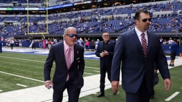 Oct 4, 2015; Indianapolis, IN, USA; Indianapolis Colts owner Jim Irsay and general manager Ryan Grigson walk the sidelines before the game against the Jacksonville Jaguars at Lucas Oil Stadium. Indianapolis defeats Jacksonville 16-13 in overtime. Mandatory Credit: Brian Spurlock-USA TODAY Sports