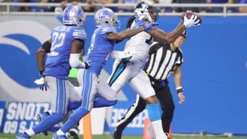 DETROIT, MI - OCTOBER 08: Kelvin Benjamin #13 of the Carolina Panthers makes a touchdown catch against the Detroit Lions during the third quarter at Ford Field on October 8, 2017 in Detroit, Michigan. (Photo by Leon Halip/Getty Images)
