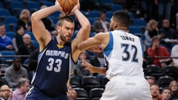 Oct 19, 2016; Minneapolis, MN, USA; Memphis Grizzlies center Marc Gasol (33) dribbles in the first quarter against the Minnesota Timberwolves center Karl-Anthony Towns (32) at Target Center. Mandatory Credit: Brad Rempel-USA TODAY Sports