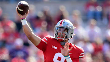 COLUMBUS, OHIO - OCTOBER 09: Jack Miller III #9 of the Ohio State Buckeyes looks to pass during a game between the Maryland Terrapins and Ohio State Buckeyes at Ohio Stadium on October 09, 2021 in Columbus, Ohio. (Photo by Emilee Chinn/Getty Images)