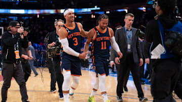 NEW YORK, NY - FEBRUARY 11: Josh Hart #3 and Jalen Brunson #11 of the New York Knicks walk off the court after the game against the Utah Jazz at Madison Square Garden on February 11, 2023 in New York City. NOTE TO USER: User expressly acknowledges and agrees that, by downloading and or using this photograph, User is consenting to the terms and conditions of the Getty Images License Agreement. (Photo by Evan Yu/Getty Images)