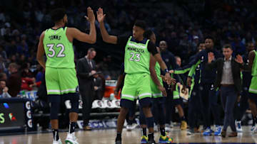 Karl-Anthony Towns #32 celebrates with Jarrett Culver #23 of the Minnesota Timberwolves. (Photo by Ronald Martinez/Getty Images)