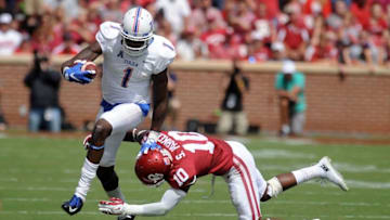 Sep 19, 2015; Norman, OK, USA; Tulsa Golden Hurricane wide receiver Keyarris Garrett (1) is pursued by Oklahoma Sooners safety Steven Parker (10) during the second quarter at Gaylord Family - Oklahoma Memorial Stadium. Mandatory Credit: Mark D. Smith-USA TODAY Sports
