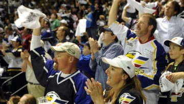 Fans celebrated after the Eagles took the lead in the third period. The Colorado Eagles hockey team hosted the Bossier-Shreveport Mudbugs in the first game of the President's Cup Finals at the Budweiser Events Center Friday night May 13, 2011. Karl Gehring/The Denver Post (Photo By Karl Gehring/The Denver Post via Getty Images)