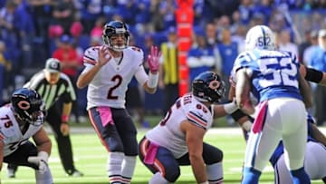Oct 9, 2016; Indianapolis, IN, USA; Chicago Bears quarterback Brian Hoyer (2) calls a play at the line of scrimmage against the Indianapolis Colts at Lucas Oil Stadium. Mandatory Credit: Thomas J. Russo-USA TODAY Sports