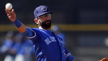 Feb 26, 2016; Dunedin, FL, USA; Toronto Blue Jays right fielder Jose Bautista (19) throws to first during practice at Bobby Mattick Training Center. Mandatory Credit: Butch Dill-USA TODAY Sports