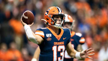 SYRACUSE, NY - OCTOBER 18: Tommy DeVito #13 of the Syracuse Orange passes the ball during the first quarter against the Pittsburgh Panthers at the Carrier Dome on October 18, 2019 in Syracuse, New York. (Photo by Brett Carlsen/Getty Images)