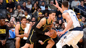 LOS ANGELES, CA - FEBRUARY 23: Kyle Kuzma #0 of the Los Angeles Lakers handles the ball against the Dallas Mavericks on February 23, 2017 at STAPLES Center in Los Angeles, California. NOTE TO USER: User expressly acknowledges and agrees that, by downloading and/or using this Photograph, user is consenting to the terms and conditions of the Getty Images License Agreement. Mandatory Copyright Notice: Copyright 2017 NBAE (Photo by Andrew D. Bernstein/NBAE via Getty Images)