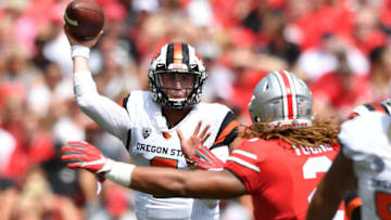 COLUMBUS, OH - SEPTEMBER 1: Quarterback Conor Blount #2 of the Oregon State Beavers throws a pass in the second quarter against the Ohio State Buckeyes at Ohio Stadium on September 1, 2018 in Columbus, Ohio. (Photo by Jamie Sabau/Getty Images)