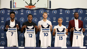 MINNEAPOLIS, MN - JULY 23: Jordan Bell #7, Treveon Graham #12, Jake Layman #10, Shabazz Napier #13 and Noah Vonleh #1 of the Minnesota Timberwolves. Copyright 2019 NBAE (Photo by David Sherman/NBAE via Getty Images)