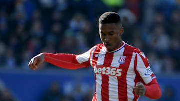 LEICESTER, ENGLAND - FEBRUARY 24: Tyrese Campbell of Stoke City in action during the Premier League match between Leicester City and Stoke City at The King Power Stadium on February 24, 2018 in Leicester, England. (Photo by Ross Kinnaird/Getty Images)