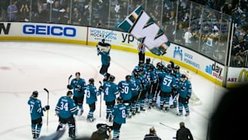 Apr 20, 2016; San Jose, CA, USA; The San Jose Sharks celebrate beating the Los Angeles Kings after game four of the first round of the 2016 Stanley Cup Playoffs at SAP Center at San Jose. The Sharks won 3-2. Mandatory Credit: John Hefti-USA TODAY Sports