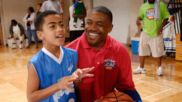 MAITLAND, FL - DECEMBER 1: Orlando Magic Legend Nick Anderson helps tip off the Jr. NBA/Jr. WNBA Skills Challenge on the Magic practice court at the RDV Sportsplex on December 1, 2007 in Maitland, Florida. NOTE TO USER: User expressly acknowledges and agrees that, by downloading and/or using this Photograph, user is consenting to the terms and conditions of the Getty Images License Agreement. Mandatory Copyright Notice: Copyright 2007 NBAE (Photo by Fernando Medina/NBAE via Getty Images)