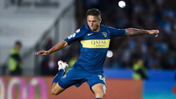 AVELLANEDA, ARGENTINA - OCTOBER 07: Agustin Almendra of Boca Juniors kicks the ball during a match between Racing Club and Boca Juniors as part of Superliga 2018/19 at Estadio Juan Domingo Peron on October 7, 2018 in Avellaneda, Argentina. (Photo by Marcelo Endelli/Getty Images)
