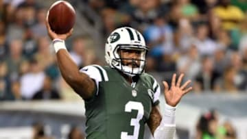 Aug 28, 2014; Philadelphia, PA, USA; New York Jets quarterback Tajh Boyd (3) throws the ball during a game against the Philadelphia Eagles at Lincoln Financial Field. The Eagles won 37-7. Mandatory Credit: Derik Hamilton-USA TODAY Sports