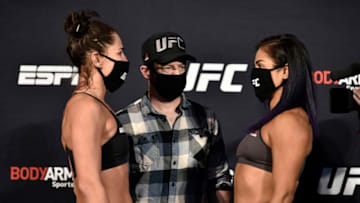 LAS VEGAS, NEVADA - JUNE 12: In this handout image provided by UFC, (L-R) Opponents Jessica Eye and Cynthia Calvillo face off during the UFC Fight Night weigh-in at UFC APEX on June 12, 2020 in Las Vegas, Nevada. (Photo by Chris Unger/Zuffa LLC via Getty Images)