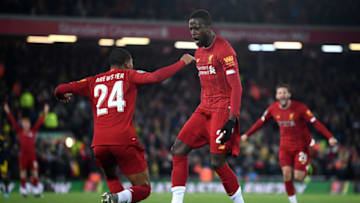 LIVERPOOL, ENGLAND - OCTOBER 30: Divock Origi of Liverpool celebrates after scoring his team's fourth goal with Rhian Brewster of Liverpool during the Carabao Cup Round of 16 match between Liverpool and Arsenal at Anfield on October 30, 2019 in Liverpool, England. (Photo by Laurence Griffiths/Getty Images)